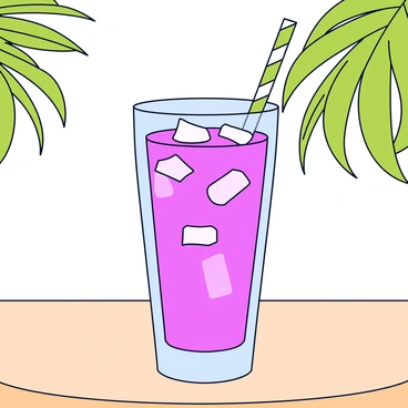 A tall glass filled with freshly squeezed guava juice, showcasing its vibrant pink color. The glass is filled with ice cubes, glistening in the sunlight. A green and white striped straw is placed in the glass, ready for sipping. The glass is positioned on a light wooden table that reflects the warm summer atmosphere. The background features hints of palm leaves, suggesting a tropical setting.