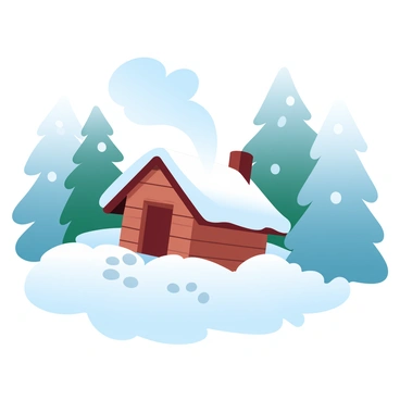 A small wooden cabin is nestled among tall evergreen trees covered in a thick layer of snow. The cabin features a steep, sloped roof dusted with white snow, and smoke is curling gently from the chimney, creating a soft wisp against the crisp blue sky. Surrounding the cabin, snowdrifts loom high, and patches of evergreen foliage peek through the white blanket. In the foreground, small animal tracks are visible in the snow, leading towards the cabin.