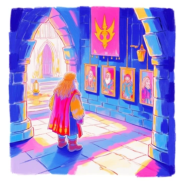 A dwarf named Gimli stands in a grand hall, his sturdy frame silhouetted against the towering stone walls. He has long, braided hair and a thick beard, adorned with intricate braids, reflecting his heritage. His face is focused, eyes wide with admiration, as he gazes at a series of "portraits of his ancestors" hanging on the walls. Each portrait depicts a different dwarf, showcasing unique armor and weapons, with detailed expressions that convey strength and valor. The hall is illuminated by flickering torches, casting soft shadows and highlighting the fine craftsmanship of the stonework and the ornate carvings that decorate the room. A large banner hangs above, featuring the emblem of his clan.