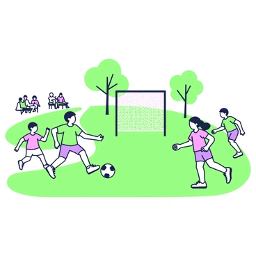 A group of children is playing soccer in a neighborhood park. On the grassy field, there are four children actively chasing a soccer ball. Two of the children are wearing bright t-shirts, while another child is dressed in shorts and running barefoot. In the background, a makeshift goal made from two tall sticks is set up. Nearby, a couple of trees provide shade, and a small path winds through the park. In the distance, there are a few families sitting on benches, enjoying the sunny day.