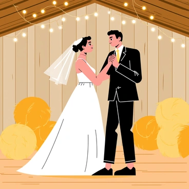 A bride and groom dancing together in a rustic barn. The bride wears a flowing white gown and a delicate veil, while the groom is dressed in a dark suit with a light-colored tie. Surrounding them are several bales of hay arranged decoratively around the barn. Soft string lights hang from the wooden beams, casting a warm glow over the scene. The barn has wooden walls with a weathered finish, and the floor is made of polished wood, enhancing the festive atmosphere of the moment.