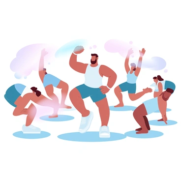 A coach is leading a dynamic warm-up routine in an open outdoor space. The coach is demonstrating hip circles, standing confidently with a focused posture. Surrounding the coach is a diverse group of athletes in athletic wear, engaged in their warm-up exercises. Some athletes are performing hip circles, mimicking the coach's movements, while others are stretching or preparing for their training. The atmosphere is active and energetic, with vibrant colors representing the athletes’ clothing and the natural environment.