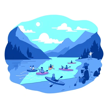 A blue lake surrounded by tall, green mountains under a clear sky. The water is calm and reflects the mountains and trees along the shore. Several people in colorful kayaks are paddling across the lake, their faces showing joy as they navigate the water. On the shore, there are a few people taking photos and enjoying the beautiful scenery. In the background, the sun casts warm light, illuminating the landscape.