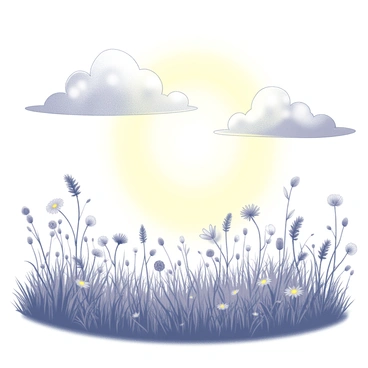 A meadow filled with tall grass and wildflowers gently swaying in the breeze. Soft, warm light breaks through a layer of fluffy clouds above, illuminating the meadow. The light creates a soft halo effect around the clouds, casting delicate shadows on the ground. In the foreground, various flowers are blooming, their petals open towards the light. The scene conveys a sense of tranquility and peace, with the sun's rays accentuating the natural beauty of the landscape.