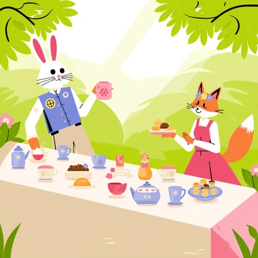 A magical tea party taking place in a lush green garden filled with colorful flowers and leafy trees. A long wooden table is adorned with an array of delicate teacups and teapots, each featuring unique designs. Whimsical characters, such as a tall rabbit wearing a blue waistcoat and a small fox in a red dress, are gathered around the table. The rabbit is pouring tea into a cup while the fox is holding a plate of freshly baked pastries. Intricate details in their attire include a pocket watch chain on the rabbit and a floral headband on the fox. Sunlight filters through the leaves, casting playful shadows on the table.