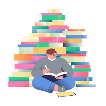 A tall tower of colorful books is arranged in a circular shape, forming a fortress around a student. The books are various sizes and thicknesses, featuring titles on their spines in gold lettering. In the center, a student with short brown hair is sitting cross-legged on the floor, deeply focused on reading a large, open book in front of them. The student is wearing a cozy gray sweater and blue jeans. A pair of reading glasses rests on their nose as they take notes on a yellow legal pad beside them. The fortress of books casts soft shadows on the ground, enhancing the scholarly atmosphere.