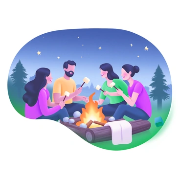 A group of five people sitting around a campfire, with warm orange flames illuminating their faces. The individuals are engaged in conversation, each expressing different emotions. Above them, a clear night sky filled with twinkling stars is visible. The campfire is surrounded by a circle of logs and small rocks. There are marshmallows on roasting sticks held by two of the people, and a cozy blanket is draped over one of the logs. In the background, silhouettes of trees frame the scene, enhancing the sense of being in nature.