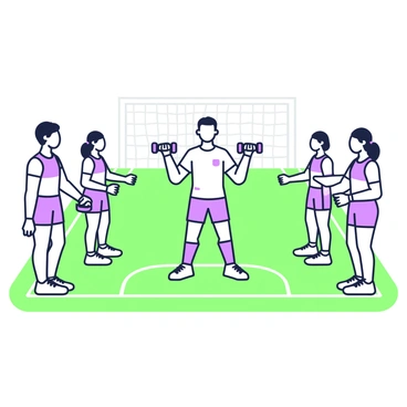 A sports team is gathered on a sports field, engaged in a training session. The players are in athletic gear, performing lateral raises with weights. In the foreground, a coach is demonstrating the exercise, holding weights in each hand with arms extended out to the sides. A group of five players on either side is mirrored in their movements, focusing on their form. The grass of the field is well-maintained, and boundary lines are marked clearly. In the background, goal posts are visible, completing the sports field setting.
