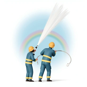 Two firefighters, wearing bright yellow helmets and navy blue uniforms, are actively engaged in testing a powerful fire hose. One firefighter is holding the hose steady while the other is aiming the powerful jet of water upward. The water shoots out forcefully, creating a fine mist as it reflects sunlight. In the background, a vibrant rainbow appears, formed by the water droplets in the air. The scene captures the teamwork and skill of the firefighters as they work together under a clear blue sky.