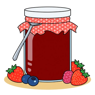 A large glass jar filled with rich, deep red homemade berry jam, sealed with a white lid and a bright red gingham cloth tied around the top. A shiny silver spoon is resting against the side of the jar, partially dipped into the jam. Surrounding the jar are a variety of fresh berries, including plump strawberries, vibrant blueberries, and juicy raspberries, scattered across a light wooden surface. The sunlight catches the glossy surfaces of the berries, highlighting their freshness and color.