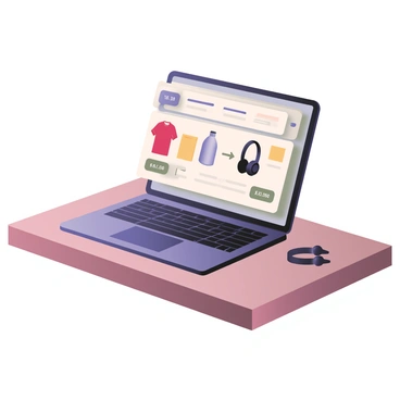 A digital flat illustration featuring a laptop placed on a wooden table. The laptop screen displays a shopping cart interface filled with various products including a red t-shirt, a blue water bottle, a yellow book, and a pair of black headphones. Each product is clearly visible and labeled with its name. The total price is prominently shown in a bold font at the bottom right corner of the screen. The laptop itself has a sleek design with a thin profile. In the background, there are soft shadows to suggest the table surface.