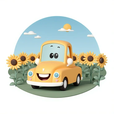 A bright, cheerful 3D cartoon car, painted in vibrant colors, with large, expressive headlights resembling eyes and a wide smile on the front. The car is driving through a vast field filled with tall, golden sunflowers, each with a distinct yellow petal arrangement and a dark center. The sunflowers are swaying gently in a soft breeze, creating a lively scene. Above, a clear blue sky stretches out, dotted with a few fluffy white clouds. The sun shines brightly, illuminating the field and reflecting off the car's shiny surface.