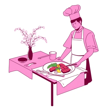 A pink chef wearing a pristine white apron is standing confidently next to a neatly set restaurant table. The table is adorned with a crisp white tablecloth, silver utensils, and a delicate flower vase. On the table, there is a beautifully arranged moo deng dish featuring slices of grilled meat garnished with green herbs and colorful vegetables. The chef is carefully placing the dish at the center of the table, showcasing the vibrant presentation. A soft warm light illuminates the scene, highlighting the textures of the food and the elegant atmosphere of the restaurant.