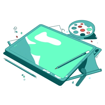 A teal digital tablet is set on a wooden table, with a stylus resting beside it. The tablet screen displays a partially finished artwork featuring soft, blended colors in a flowing design. Surrounding the tablet are various art supplies, including a palette filled with vibrant colors. A faint reflection of the workspace is visible on the tablet screen, enhancing the scene's depth. The overall atmosphere of the image emphasizes creativity and the process of digital painting.