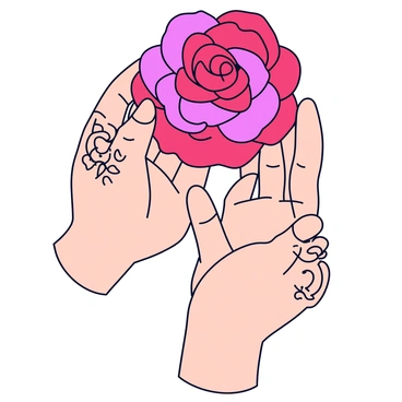 A pair of hands with beautifully decorated henna designs that feature swirling patterns and floral motifs. The hands are gently cradling a large, blooming rose in vibrant shades of red and pink. The petals of the rose are lush and delicate, with droplets of water glistening on them. The background is simple to keep the focus on the hands and the rose.
