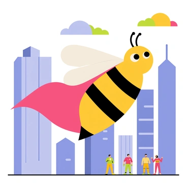 A superhero bee with a bright yellow and black striped body is flying through a bustling cityscape. The bee wears a vibrant red cape that billows behind it as it moves. Skyscrapers with large glass windows are visible in the background, while colorful clouds float in the blue sky above. Below, tiny figures of people look up in awe at the superhero bee, celebrating its heroic efforts. The bee has determined eyes and a confident stance, showcasing its commitment to saving the day.