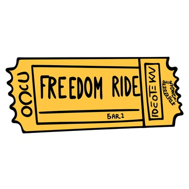 Close-up of a vintage bus ticket with "Freedom Ride" stamped on it. The ticket has a yellowed background and ornate borders. The text is printed in bold, retro font, with intricate designs surrounding it. The edges of the ticket show slight wear and tear, indicating its age. A small cancellation mark can be seen on one corner, adding to its vintage charm. The details of the ticket, including the fare and route information, are clearly visible.