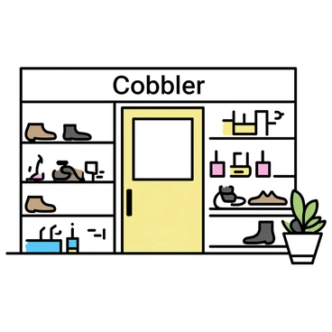 A cobbler's shop storefront features a wooden door framed by large glass windows. Inside the windows, various leather shoes are neatly arranged, showcasing different styles and colors, including brown, black, and oxblood. Beside the shoes, several polishing kits are displayed, each containing brushes and bottles of polish in various shades. The shop's sign hangs above the entrance, clearly indicating "Cobbler" in bold letters. A small potted plant sits by the door, adding a touch of greenery to the scene.