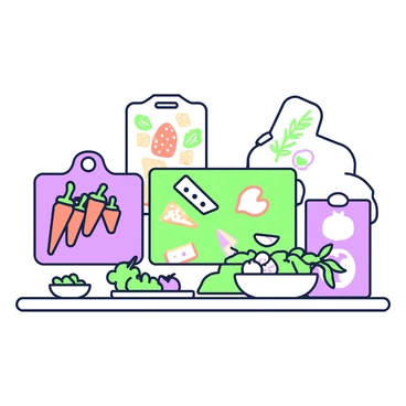 A collection of several cutting boards displayed on a wooden table. Each cutting board features a unique design, with some being rectangular and others round. One cutting board has fresh vegetables, including carrots and bell peppers, arranged artfully. Another board displays an assortment of cheeses and crackers, accompanied by slices of green apples. A third cutting board showcases various herbs, such as basil and rosemary, alongside garlic cloves. The backgrounds behind the cutting boards are slightly blurred, emphasizing the vibrant colors and textures of the foods.