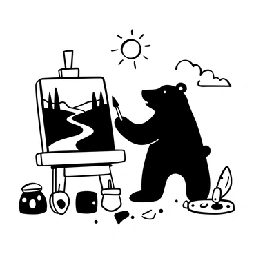 A large bear standing on its hind legs, holding a paintbrush in one paw. The bear is focused on a landscape scene depicted on a large canvas set up outdoors. The canvas showcases rolling hills, tall trees, and a winding river, all rendered in detailed brush strokes. Next to the bear, there are various paint pots scattered on the ground, and a palette filled with paint splatters. The setting includes a bright sun above the canvas and a few fluffy clouds.