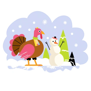 A cartoon-style illustration of a turkey with vibrant red and brown feathers standing in a snowy landscape. The turkey is wearing a colorful winter scarf and a small hat. It is enthusiastically shaping a snowman, using snowballs for the body and a carrot for the nose. The background features fluffy white snow covering the ground, with snowflakes gently falling from a clear blue sky. Nearby, there are pine trees dusted with snow, completing the winter scene.