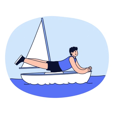 A person performing chest dips on the deck of a sailing boat. The person is wearing a blue tank top and black shorts. Their hands grip the edge of the boat while their legs are extended out behind them. The sailing boat has a white hull and a large sail unfurled, catching the wind. The background shows a clear blue sky and calm ocean waves.