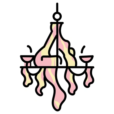 A grand chandelier hanging from the ceiling, composed entirely of strips of crispy bacon. The bacon strips are arranged in a cascading pattern, with some pieces elegantly curling at the ends. Each strip glimmers with a golden-brown sheen, capturing the light in a way that emphasizes their crispy texture. The chandelier features a central support structure that holds the bacon strips in place, creating a striking visual focus in the room. The background is a simple, minimalistic design that highlights the unique chandelier.