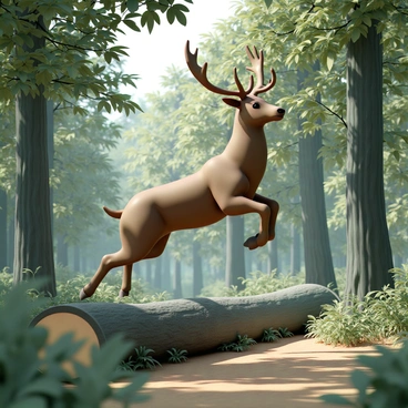 A majestic stag with a rich brown coat and impressive antlers is leaping gracefully over a fallen log. Its powerful legs are fully extended as it soars through the air, showing its strength and agility. The dense forest surrounds the stag, with tall trees and lush green foliage creating a vibrant backdrop. Sunlight filters through the leaves, casting dappled shadows on the forest floor. The fallen log is covered in moss and small ferns, adding to the natural beauty of the scene.
