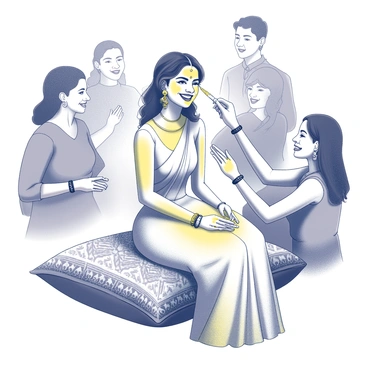 A bride is seated on a decorative pillow, showcasing intricate patterns and textures. She has a joyful expression as family members gather around her. Several hands, adorned with traditional bangles, are applying yellow haldi paste gently onto her cheeks. The background features various family members, each smiling and engaged in the moment. The atmosphere is filled with warmth and celebration, highlighting the cultural significance of the haldi ceremony.