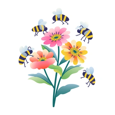 A tattoo design features a cluster of “nectar-rich flowers” with intricate details, showcasing their petals and leaves. Each flower is connected to several “bees” hovering around, with visible wings and striped bodies. The flowers are a mix of vibrant colors, highlighting their richness. The bees are depicted mid-flight, with their legs extended as they approach the flowers. The composition includes fine lines and precise shading to emphasize the botanical elements.
