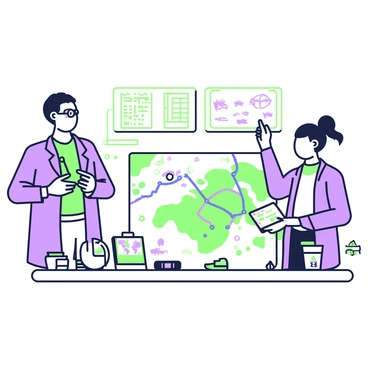 A group of marine biologists is gathered around a large ocean map spread out on a table. One biologist, wearing a blue lab coat, is using a green marker to trace a strategic exploration path across the map's surface. Another biologist, with glasses and a notepad, is taking notes and referencing a tablet displaying marine data. Scattered around the table are various oceanographic instruments, including a compass and a depth gauge. In the background, a whiteboard displays sketches of marine life and research notes related to the exploration.