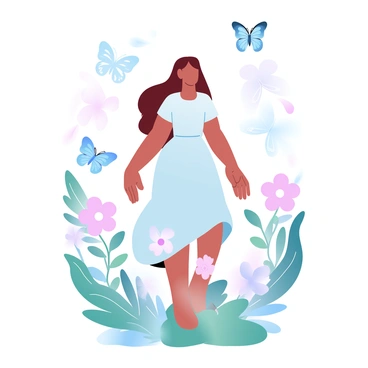 A girl with long hair is standing in a lush garden. She is wearing a light, flowing dress that sways gently in the breeze. Surrounding her are a multitude of colorful butterflies fluttering around, each displaying a unique pattern on their wings. The garden is filled with a variety of vibrant flowers in full bloom, adding to the vividness of the scene. The sunlight filters through the leaves, casting gentle shadows on the ground.