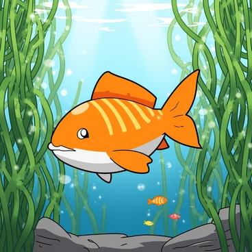 A rare Magikarp with vibrant orange scales swimming gracefully through a dense forest of green seaweed. The seaweed sways gently in the water, creating a rich underwater environment. Sunlight filters down from the surface, casting soft beams that illuminate the Magikarp's body, highlighting its unique features. Small bubbles rise around it, adding to the lively atmosphere of the underwater scene. Various small colorful fish dart in and out of the seaweed, creating a bustling community around the Magikarp.
