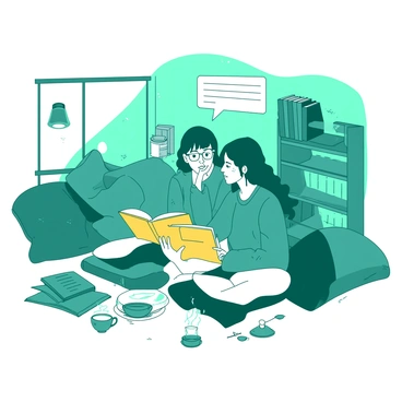 A teal reading corner filled with soft cushions and a small wooden bookshelf. A group of three students is sitting together on the floor, engaged in a discussion about a book. One student, wearing glasses, is holding an open yellow book, pointing at a passage. The other two students look intrigued, with one resting their chin on their hand, listening intently. A warm light from a nearby lamp casts a soft glow over the students, creating a cozy atmosphere. A few scattered books and a steaming cup of tea are placed around them, enhancing the inviting scene.