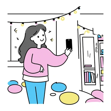 A girl with long, flowing hair, wearing a pastel-colored oversized sweater, stands in front of a large mirror. She is holding a smartphone at an angle to take a selfie. The room is softly illuminated by numerous fairy lights strung along the walls, casting a warm glow across the space. Various colorful cushions are scattered on the floor, and a small bookshelf filled with novels can be seen in the background. The girl has a cheerful expression as she poses for the photo.