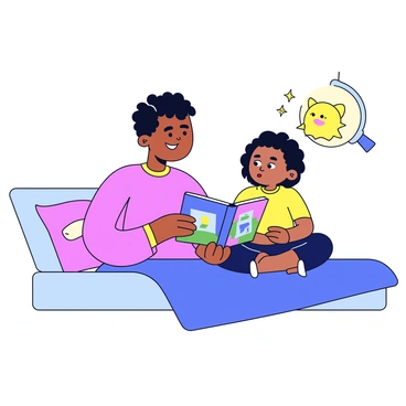 A parent sitting on a cozy bed, holding a colorful picture book. The parent has a gentle smile while reading aloud. A child sits cross-legged beside them, with wide eyes looking up at the book, fully engaged in the story. Soft pillows and a warm blanket adorn the bed, creating a comfortable atmosphere for the bedtime ritual. A soft nightlight casts a warm glow over the scene, highlighting the expressions of wonder and curiosity on both faces.