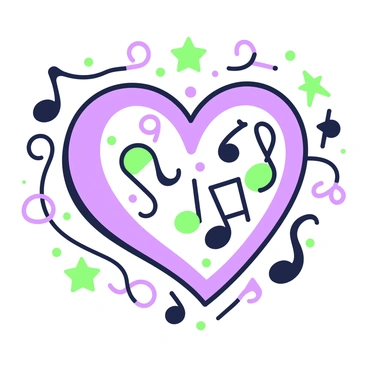 A heart shape is centrally positioned, filled with various musical notes and symbols. The heart is outlined distinctly, showcasing clear curves. Inside, there are eighth notes, quarter notes, and treble clefs artistically arranged to fill the space. The notes are diverse in size and orientation, creating a sense of movement. Surrounding the heart are small stars and swirls that add to the whimsical theme, enhancing the overall composition.