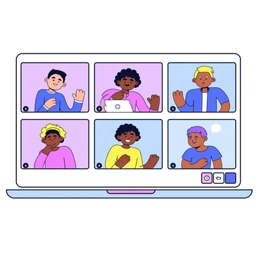A virtual video conference featuring several participants displayed in separate rectangular windows. Each window shows a different person, with various backgrounds that depict home office setups. The participants are engaged in animated discussions, with some smiling and others appearing focused. Each person is wearing casual clothing suitable for a home environment. There are visible digital icons representing tools for screen sharing and chat features in the interface.
