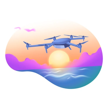 A navy drone is flying on patrol, its silhouette sharply defined against a vibrant sunset. The sky is filled with shades of orange, pink, and purple, creating a stunning backdrop. Below, the ocean reflects the colorful hues of the sky, adding depth to the scene. Soft waves ripple across the water's surface, enhancing the tranquil atmosphere of the setting.