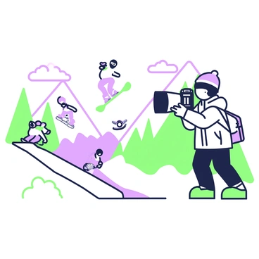 A photographer is positioned on a snowy mountain slope, capturing images of snowboarders in action. The photographer is wearing a warm jacket and a beanie, holding a camera with a large lens aimed at the snowboarders. Multiple snowboarders can be seen in the background, performing tricks and jumps. Some snowboarders are in mid-air, while others are carving through the fresh snow. The mountain slope is steep, with snow-covered trees lining the sides, and the sky above is clear. The scene conveys a sense of excitement and adventure in a winter sports setting.