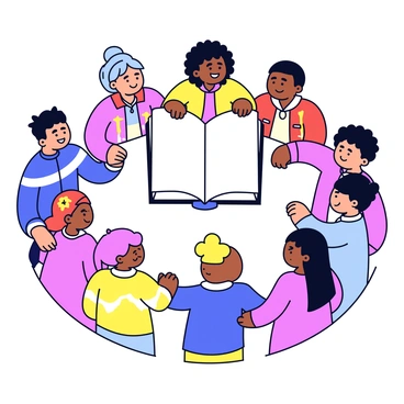 A diverse group of people gathered in a circle, representing various ethnicities and ages. Each person is dressed in bright, distinct clothing that reflects their cultural backgrounds. They are standing closely together, with smiling faces, conveying a sense of joy and togetherness. In the center of the circle, there is a large, open book symbolizing unity in faith. The people are holding hands, showcasing their solidarity and shared beliefs.