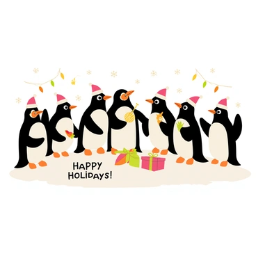 Penguins wearing Santa hats having a festive celebration in the snow