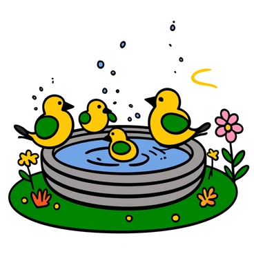 A family of small finches with bright yellow and green feathers are splashing in a round, shallow bird bath in a garden setting. The bird bath is made of stone and surrounded by vibrant green grass and colorful flowers. A couple of finches are perched on the edge of the bird bath, while others are playfully bathing in the water, creating small droplets. The sun casts a warm light, highlighting the birds’ feathers and the lush greenery around them.