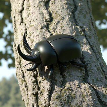 A large Hercules beetle with a shiny black shell and prominent horns is resting on a majestic tree trunk. The beetle's intricate body texture is visible, showing fine details and patterns on its exoskeleton. The tree trunk is thick and rugged, covered in moss and lichen, highlighting its natural textures and colors. Sunlight filters through the surrounding foliage, casting soft shadows on the bark and illuminating the beetle's form.