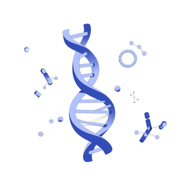A helicase enzyme is positioned at the center of the image, actively unzipping a DNA double helix. The DNA strands are depicted as a twisted ladder, with the two strands separating and creating an opening in the middle. The helicase shows a detailed structure, with prominent regions that indicate its gripping mechanism on the DNA. Surrounding the DNA are small molecular components, such as nucleotide bases, which are in the process of being added to the separated strands. The entire scene captures the dynamic process of DNA replication initiation.