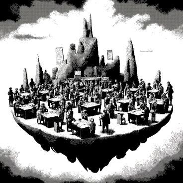 A floating island hovers in the sky, surrounded by clouds. On the island, a grand tournament of "Hearthstone" is taking place. Multiple game tables are set up, with players gathered around them, focusing intently on their cards. Some players are seated while others stand, with expressions of concentration and excitement. Spectators fill the area, watching the matches closely. In the background, lush greenery is visible on the island, along with rocky outcrops and a few scattered banners depicting "Hearthstone" symbols. The atmosphere is vibrant, filled with the energy of competition.