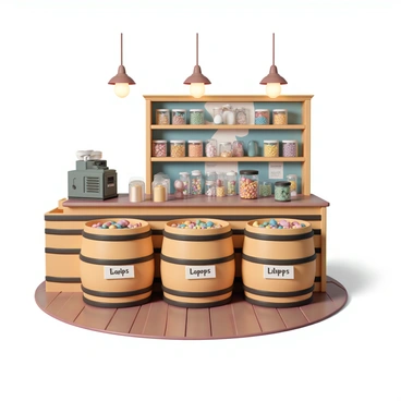 An old-fashioned candy shop with a warm and inviting atmosphere. The shop features large wooden barrels, overflowing with a variety of colorful sweets. Each barrel is labeled with handwritten signs indicating its contents, such as "Jelly Beans," "Chocolate Drops," and "Lollipops." Glass jars line the wooden shelves, showcasing more candies, including taffy and hard candies in vibrant hues. A vintage cash register sits on the counter, adding to the nostalgic feel. The floor is made of polished hardwood, reflecting the soft glow of the pendant lights hanging from the ceiling.