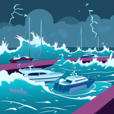 A marina filled with various yachts and small boats bobbing in turbulent waves during a storm surge. The sky above is dark, with ominous storm clouds swirling, and streaks of lightning illuminating the scene. The water is choppy, with large, crashing waves splashing against the hulls of the vessels. Sailboats have their sails furled tightly, while powerboats are tethered securely to the docks. Some debris is scattered in the water, adding to the chaotic atmosphere. The overall setting captures the intensity of the storm, with a sense of movement and urgency.