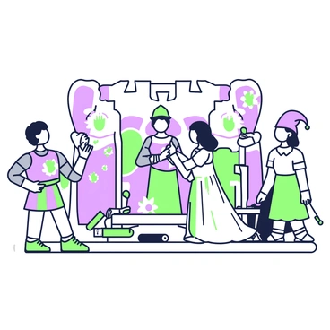 A group of students is rehearsing for a school play on a stage. They are dressed in various costumes, showcasing a mix of characters from the script. One student is wearing a vibrant knight’s armor, while another is dressed as a princess in a flowing gown. A third student is portraying a jester, complete with a colorful hat and bells. 

Around them, there are several props scattered on the stage, including a wooden throne, a large cardboard castle backdrop, and a few oversized flowers. Some students are practicing their lines, while others are positioning themselves for a scene. The spotlight shines down on the performers, highlighting their expressions and movements as they engage in their rehearsal.