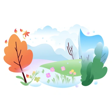 A landscape divided into four sections, each representing a different season. The leftmost section shows vibrant autumn foliage with orange and red leaves falling from trees. The next section displays a snowy winter scene with soft white snow covering the ground and bare trees. The middle section features blooming spring flowers in shades of pink and yellow, with green grass emerging. The rightmost section illustrates a sunny summer day, with a bright blue sky and lush green foliage. The transitions between the sections are smooth, blending warm and cool colors harmoniously.